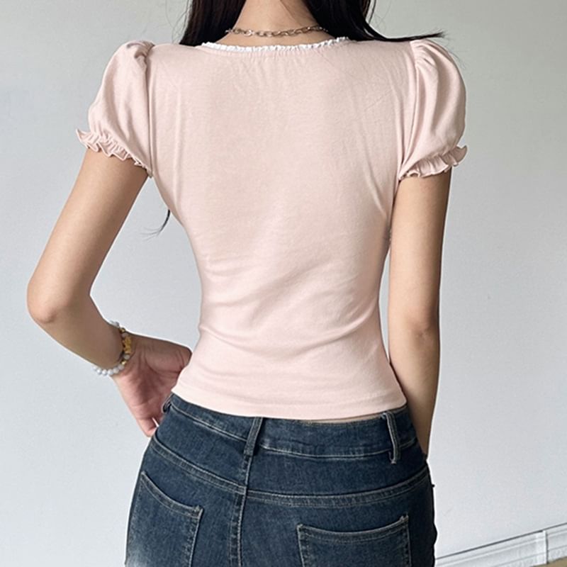 Honet - Slim-fit crop top met korte mouwen, vierkante hals, gerimpelde rand en strikaccent