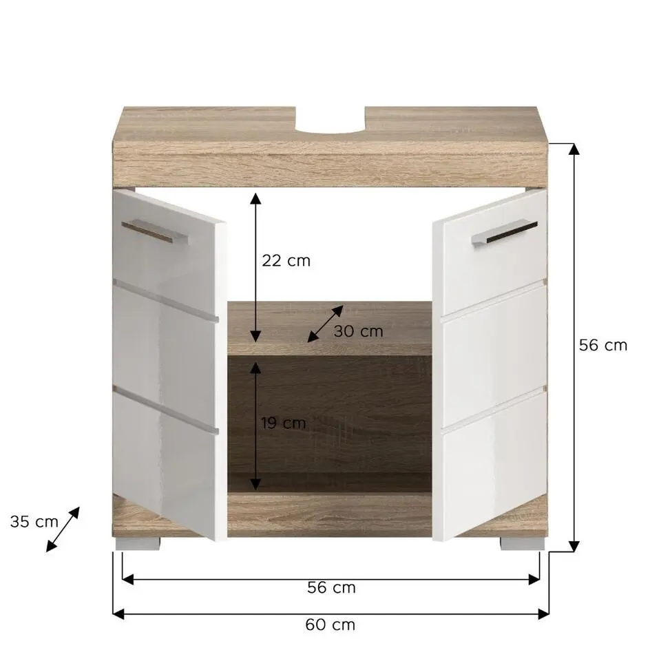 Hioshop Lambada wastafel 2 deuren wit hoogglans- eiken decor