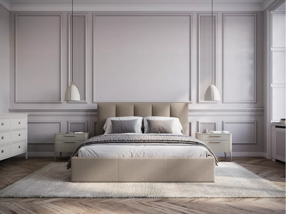 Lit coffre 140 x 190 cm avec tête de lit coutures verticales - Tissu - Taupe - KILACLO