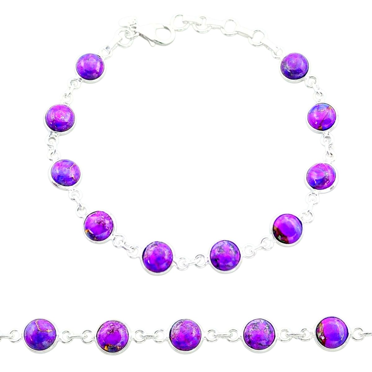 Bracelet en argent et cabochons rond d'améthyste 17 - 20cm GXI405