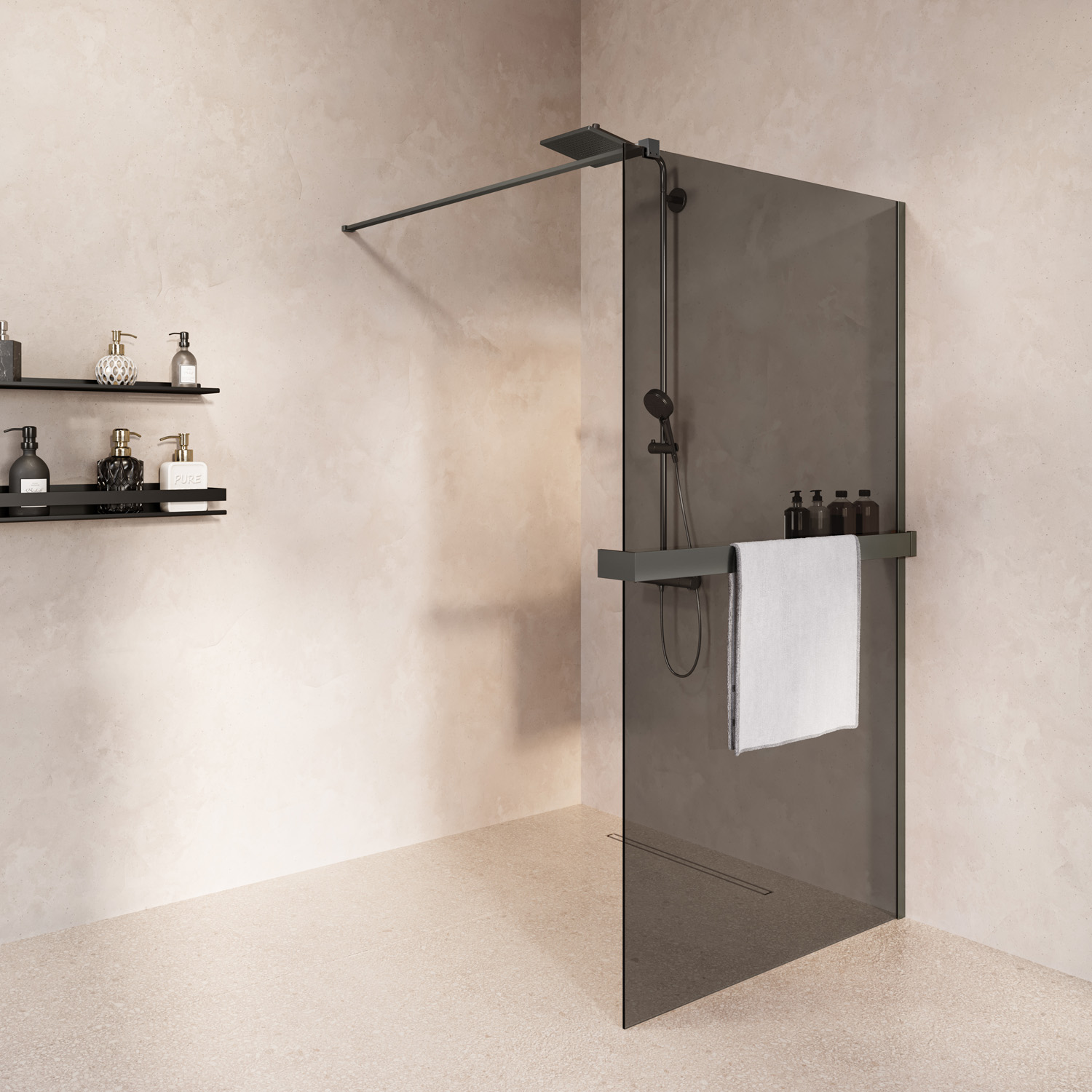 Saniclear Metric inloopdouche 80cm met handdoekhouder en rookglas verouderd ijzer - gunmetal