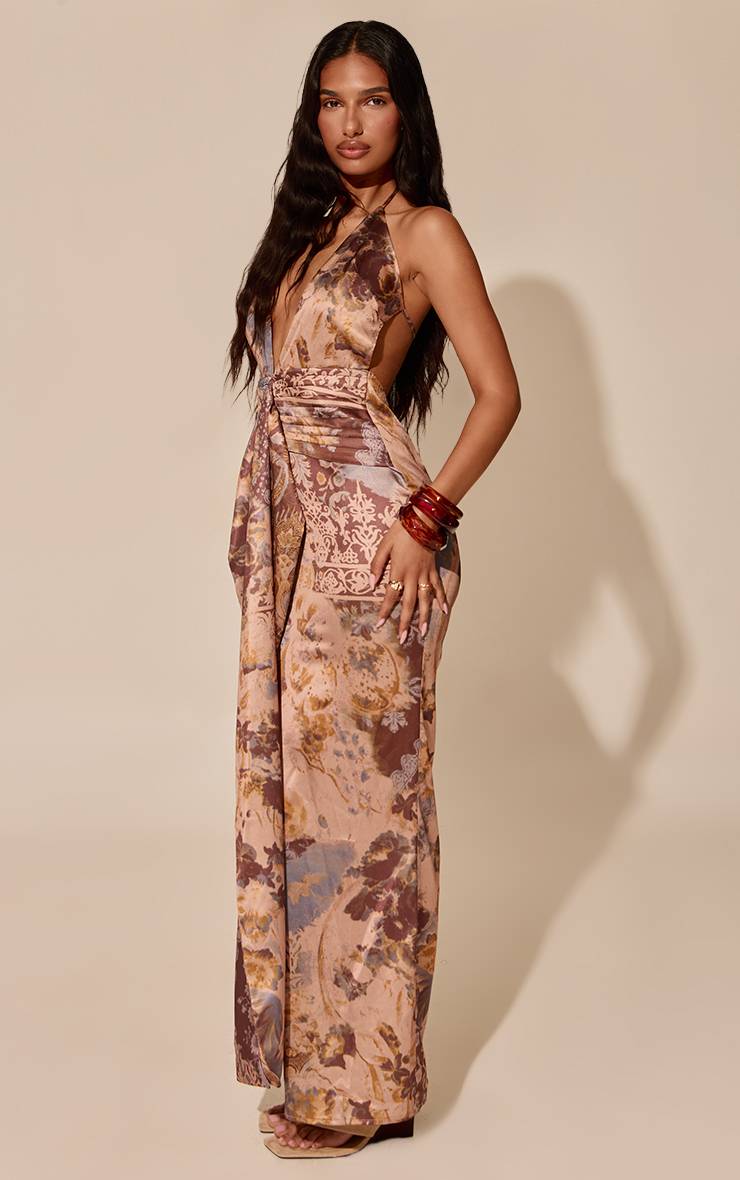 Marron Robe Longue Drapée À Décolleté Plongeant Et Imprimé Cachemire