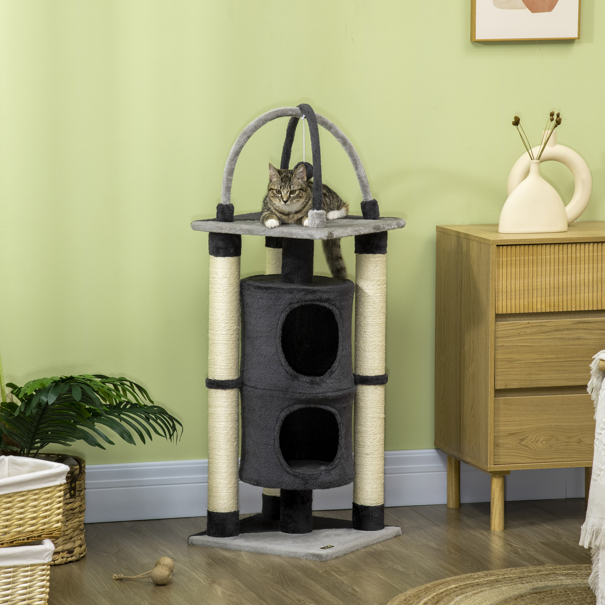 Árvore para Gatos PawHut, 114 cm de altura, 2 níveis, com plataforma para arranhar, postes de juta e bola pendurada, 39x39x114 cm, cinza