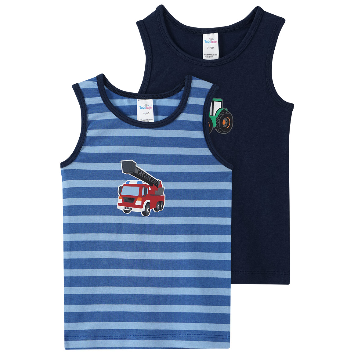 Topomini 2 Baby Unterhemden mit Prints blau / dunkelblau