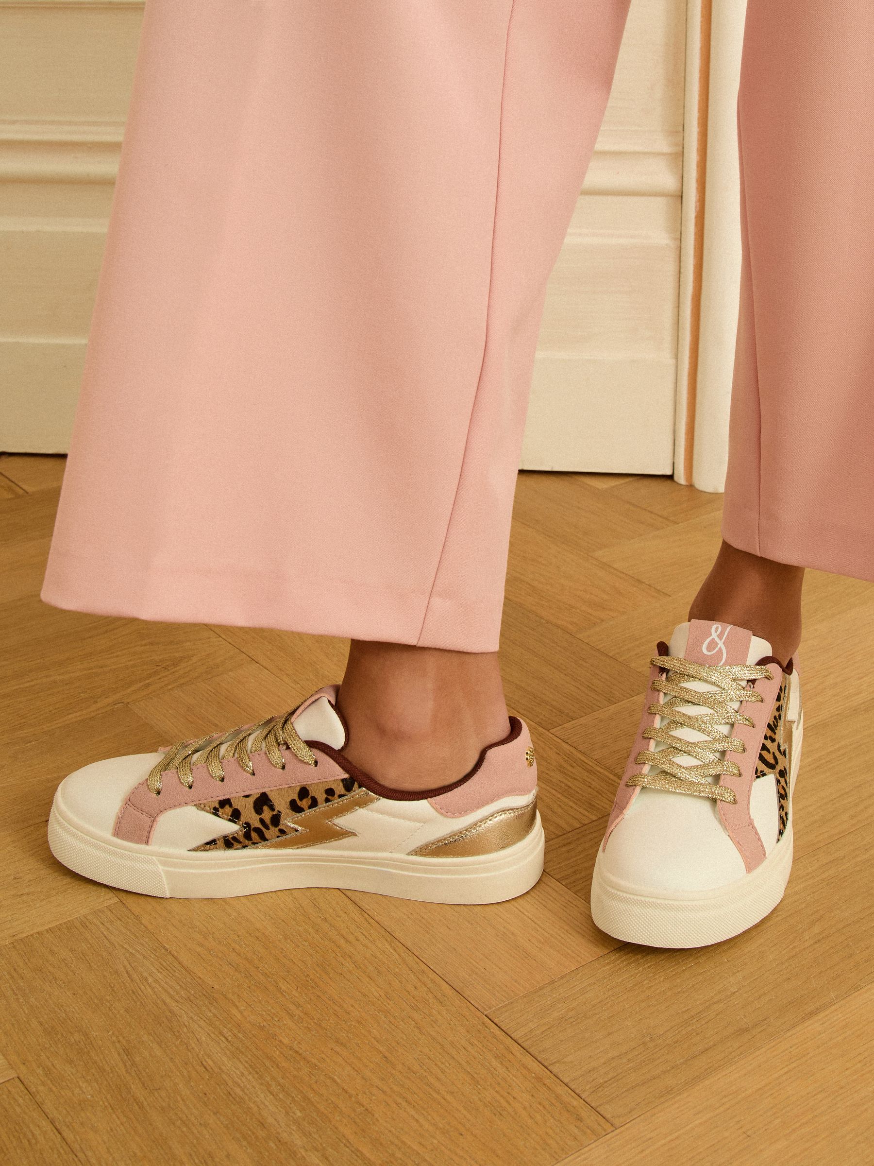 Real Leather Pink Leopard White - Love & Roses Mix Flatform Comfort Retro Low Top Trainers