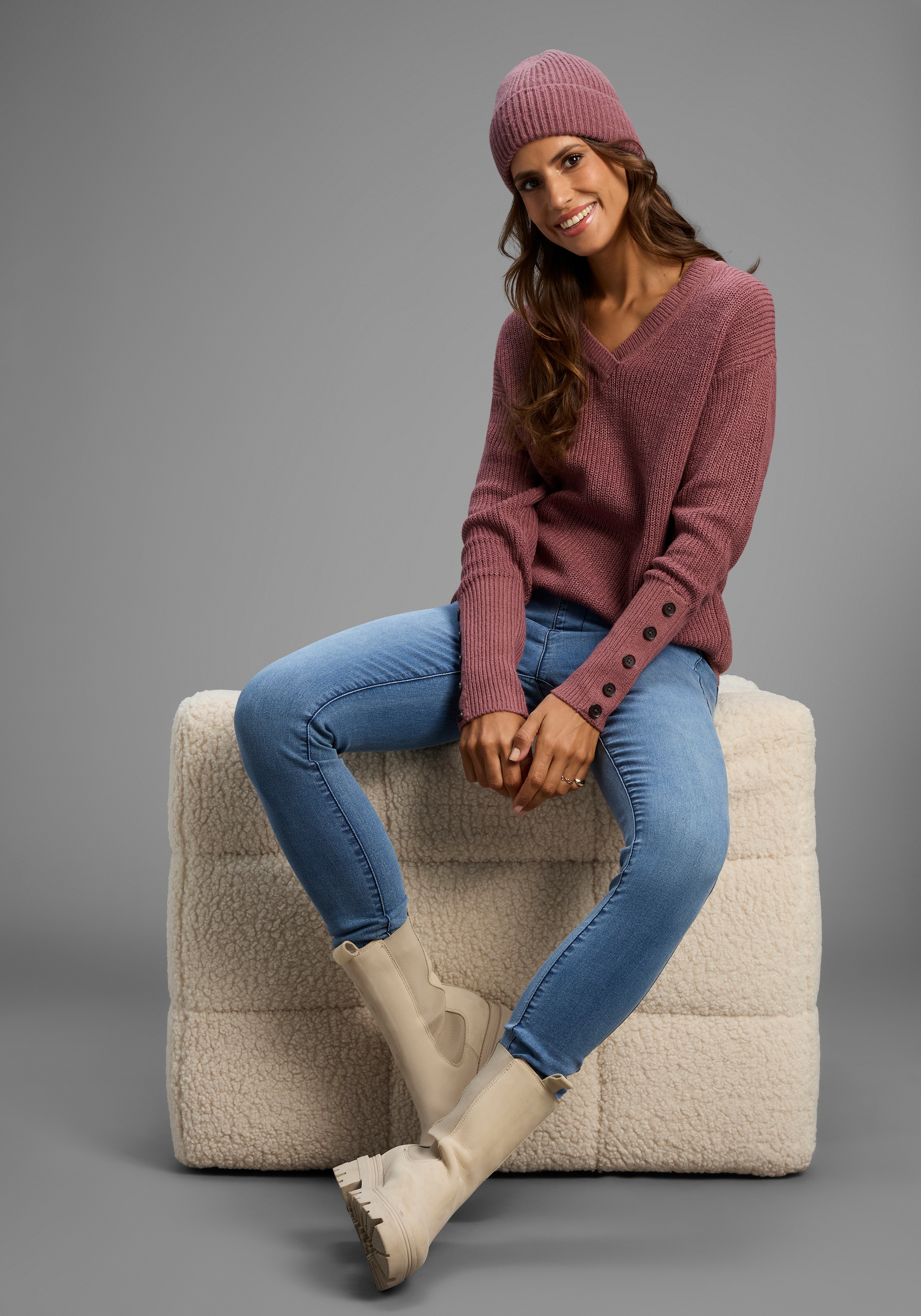 Laura Scott V-Ausschnitt-Pullover Übergangspullover aus Baumwolle mit Knopfleiste - NEUE KOLLEKTION