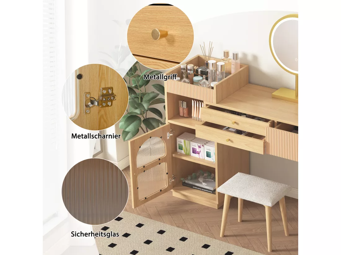 Coiffeuse avec miroir à LEDs avec 3 tiroirs et armoire latérale - Panneaux de particules - Coloris naturel