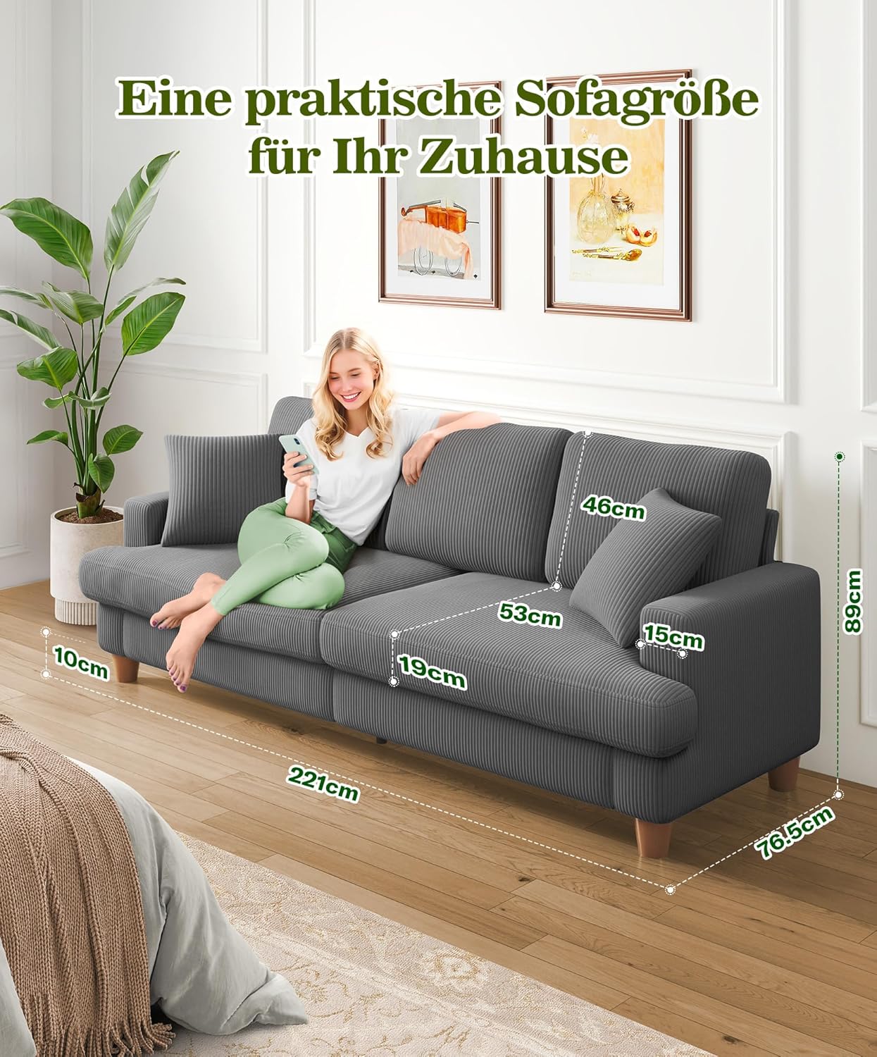 3 Sitzer Sofa Big, 221CM Cord Sofa Wohnzimmer Werkzeugfreie Montage, Schlafzimmer Sofas 53CM Extra Tiefe Sitze, Bequemes Couch mit 2 Kissen, Modernes Couch fürs Büro, Big Sofa Couch Grau