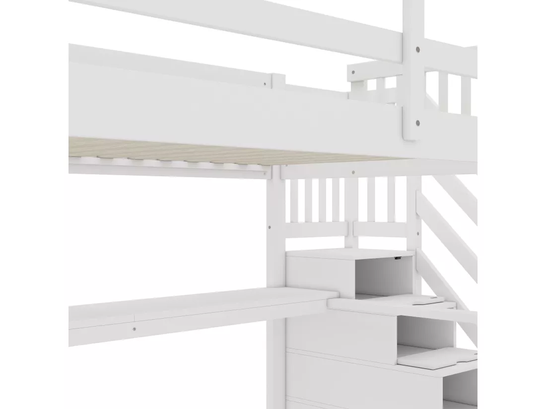 Lit mezzanine en bois de pin - 140x200cm - avec escalier de rangement et bureau - avec sommier à lattes - Blanc