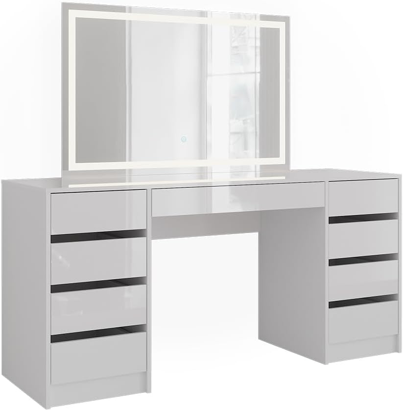 Vicco Schminktisch Sherry, Weiß/Weiß Hochglanz, 158.2 cm mit LED-Spiegel