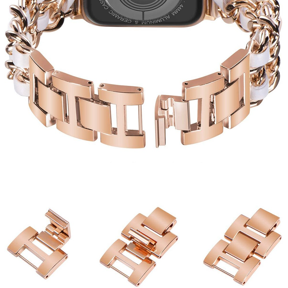 Apple Watch (49/46/45/44 mm) Edelstahl Armband mit Lederband - Roségold / Weiss