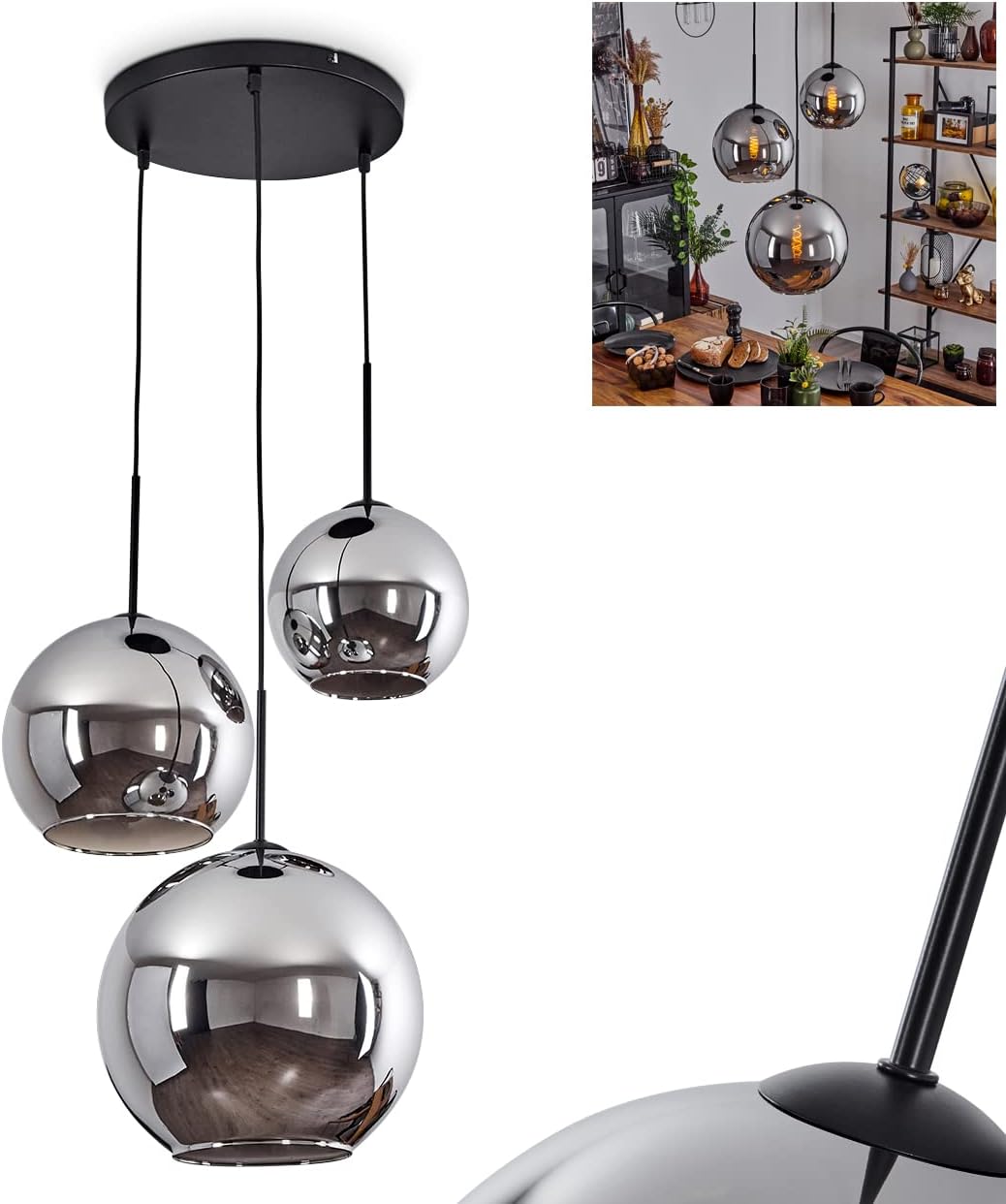Hängeleuchte Koyoto, Hängelampe aus Metall/Glas in Schwarz/Chromfarben, Leuchte 3-flammig im Vintage/Retro Design mit Schirmen aus Glas (Ø 20cm/25cm/30cm), Höhe max. 151,5 cm, E27, ohne Leuchtmittel