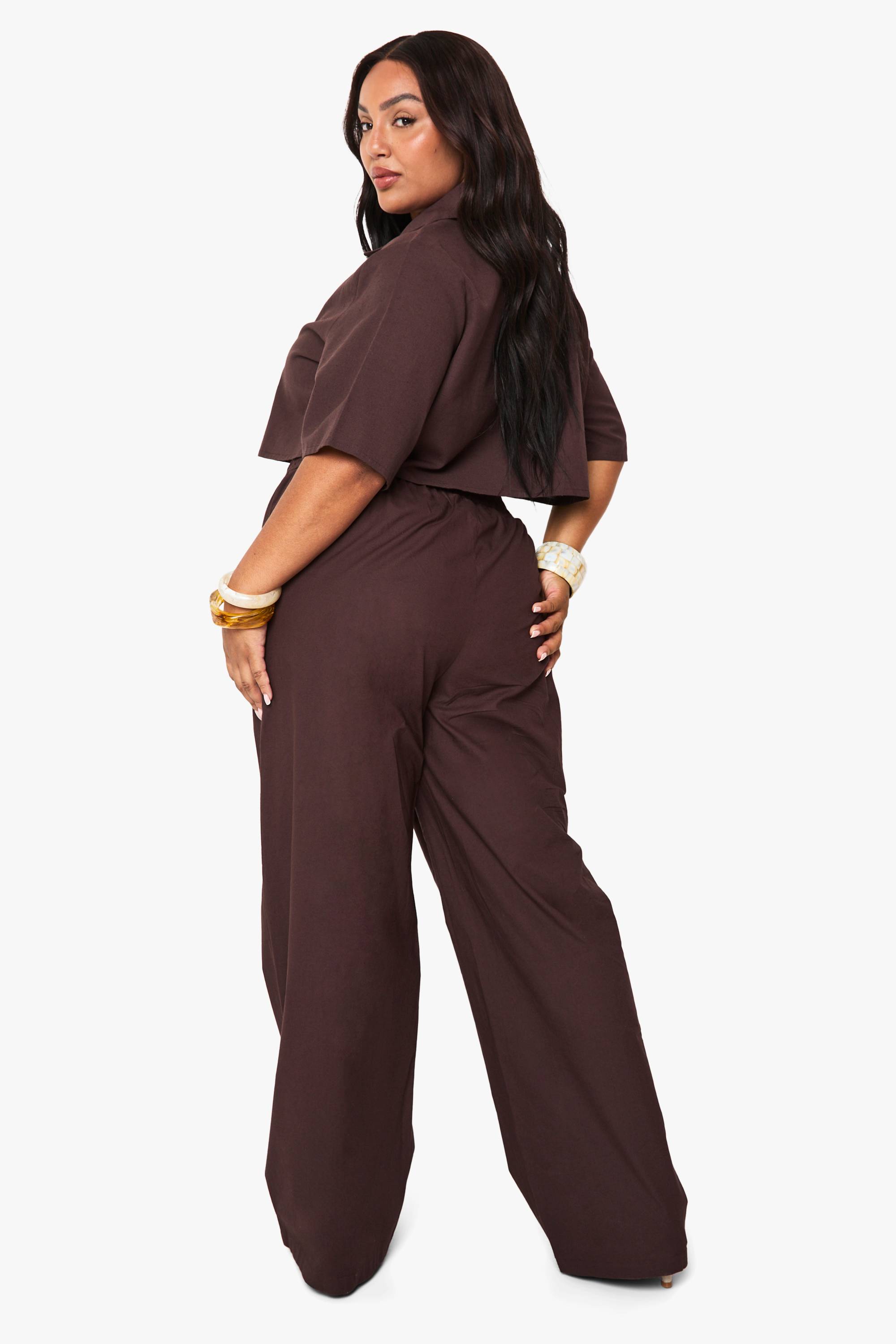 boohoo Plus Linen Longline Crop Shirt & Trouser Co Ord