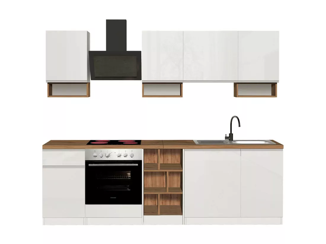 Cuisine complète Dcelient, Ensemble avec garde-manger, Meuble de kitchenette, Kit bloc linéaire, 100% Made in Italy, 255x60h85 cm, Blanc brillant et chêne