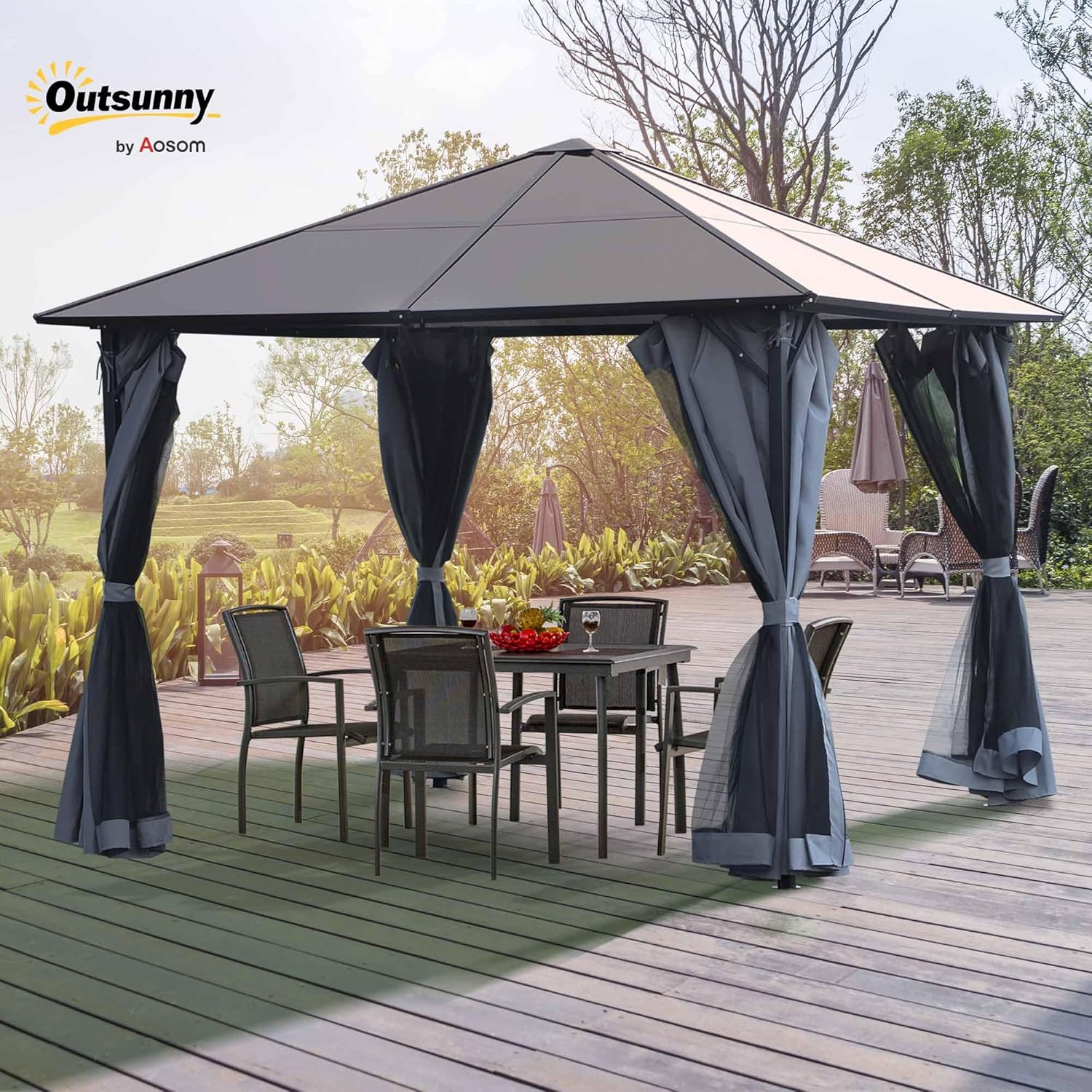 Outsunny Pavillon 3 x 3m Gartenpavillon Partyzelt mit Seitenteilen PC Dach Alu Dunkelgrau