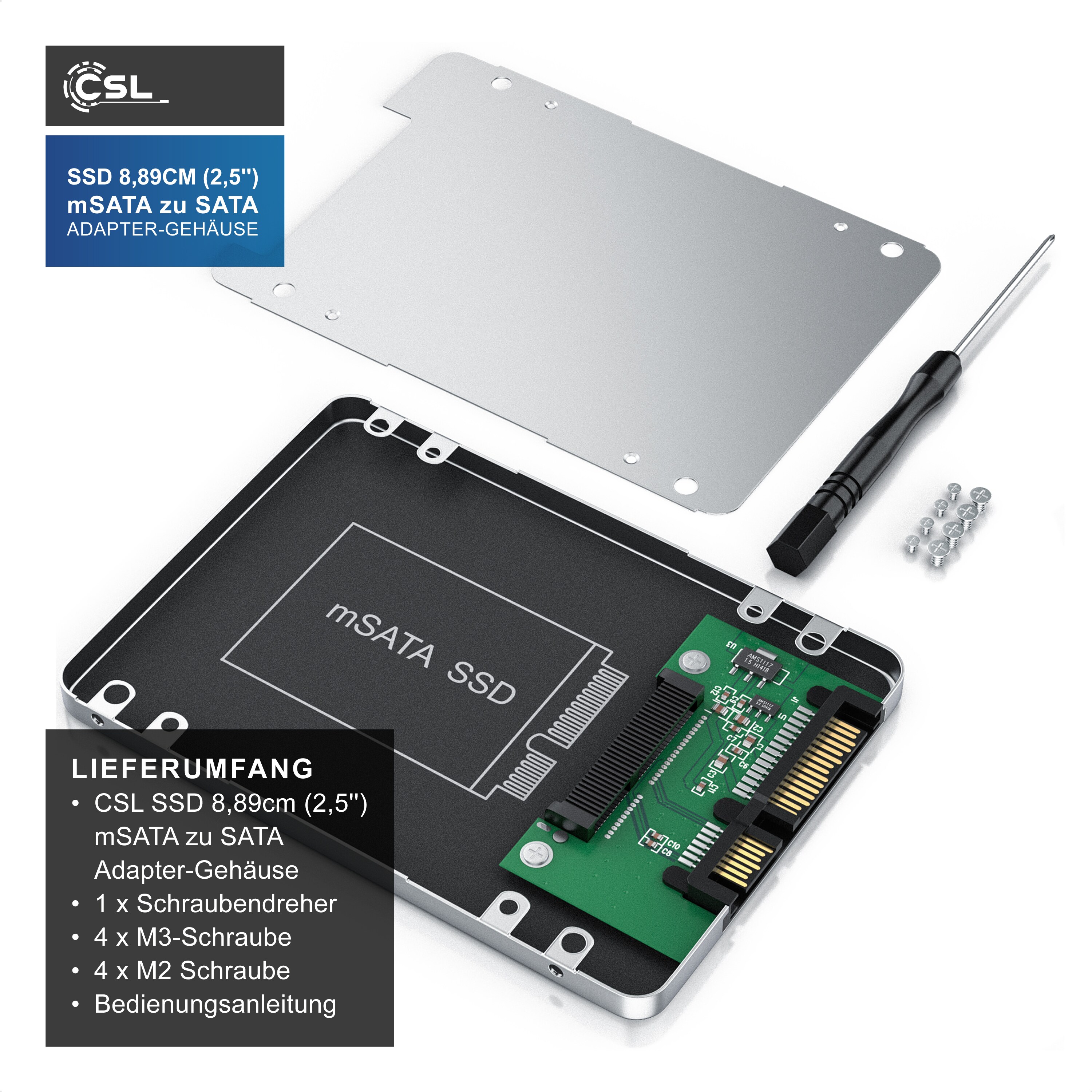 CSL SSD 8,89cm (2,5) mSATA zu SATA Adapter-Gehäuse Aluminium Gehäuse / max. 7mm Einbauhöhe