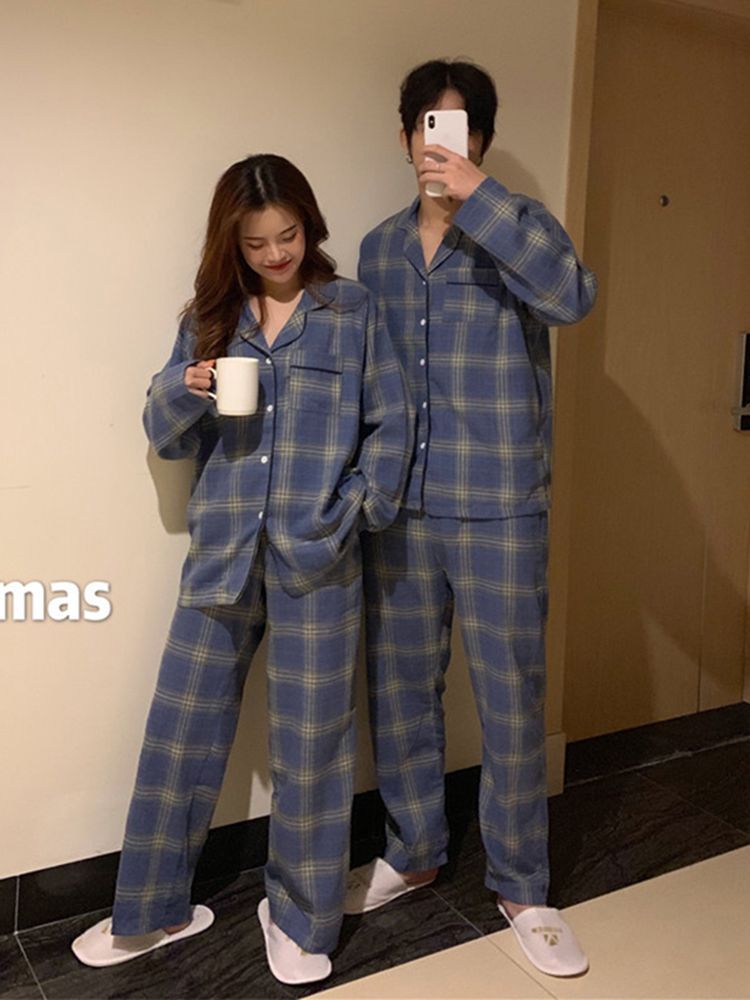 Whoosh - Bijpassende pyjamaset voor koppels: geruite top met lange mouwen + broek