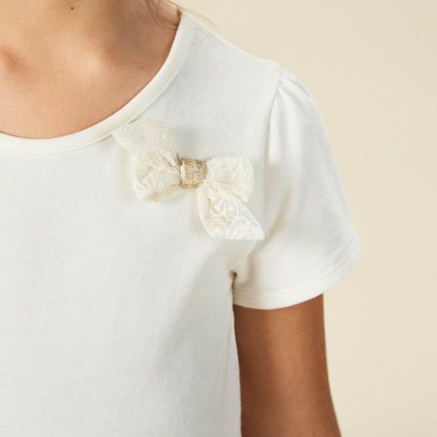 Robe de cérémonie manches courtes effet 2 en 1 en tulle brodé pour fille - Ecru