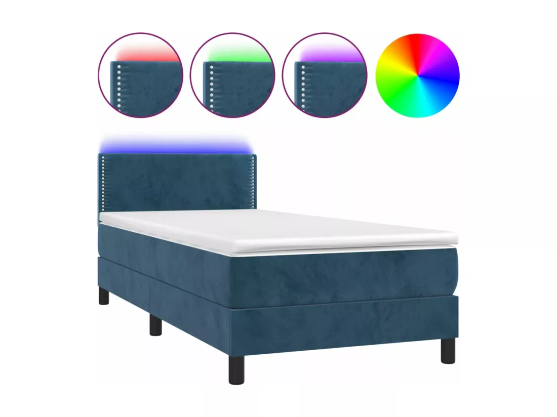 Sommier tapissier et matelas et LED Bleu foncé 90x190cm Velours