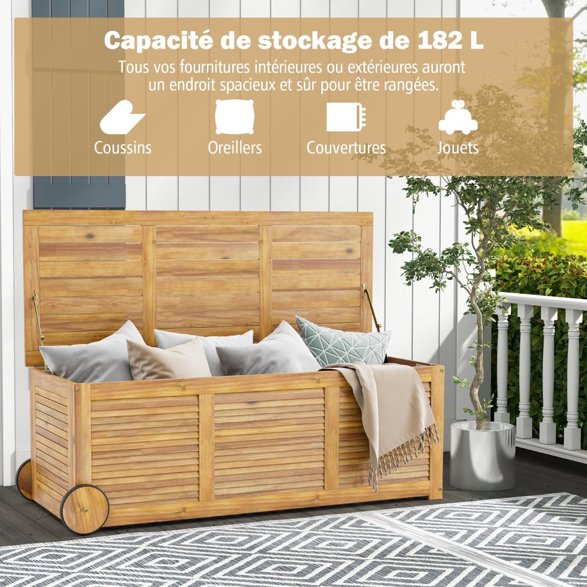 Coffre de Rangement 182L en Bois d’Acacia Charnière en Métal Banc de Rangement à Roulettes Extérieur pour Jardin Patio - Lidl-Manfred