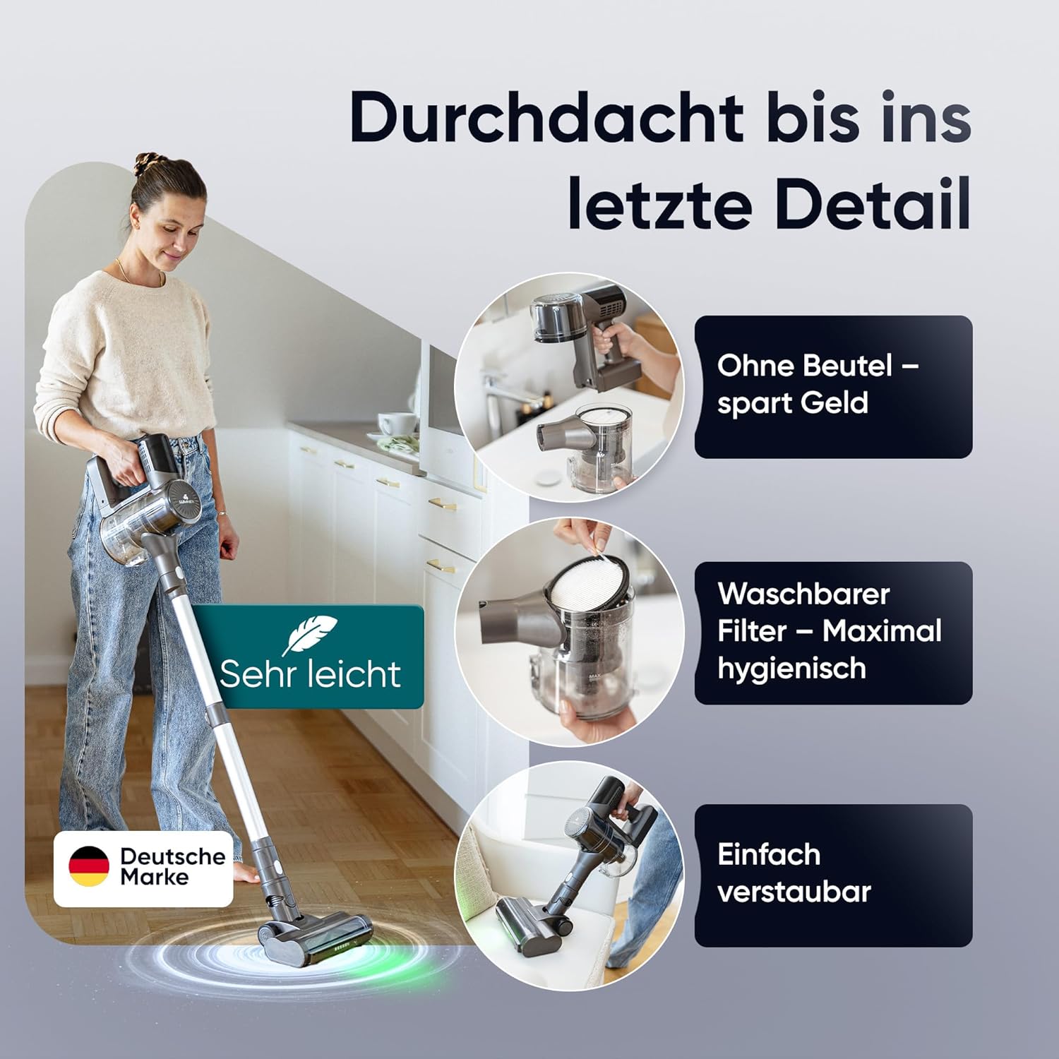 Akkustaubsauger [3-in-1] – kabelloser Staubsauger mit LED-Display & Echtzeit-Akkuanzeige | Anti-Tangle Bürste für Tierhaare | Akkusauger-Komplettset beutellos für Auto, Teppich & Haushalt