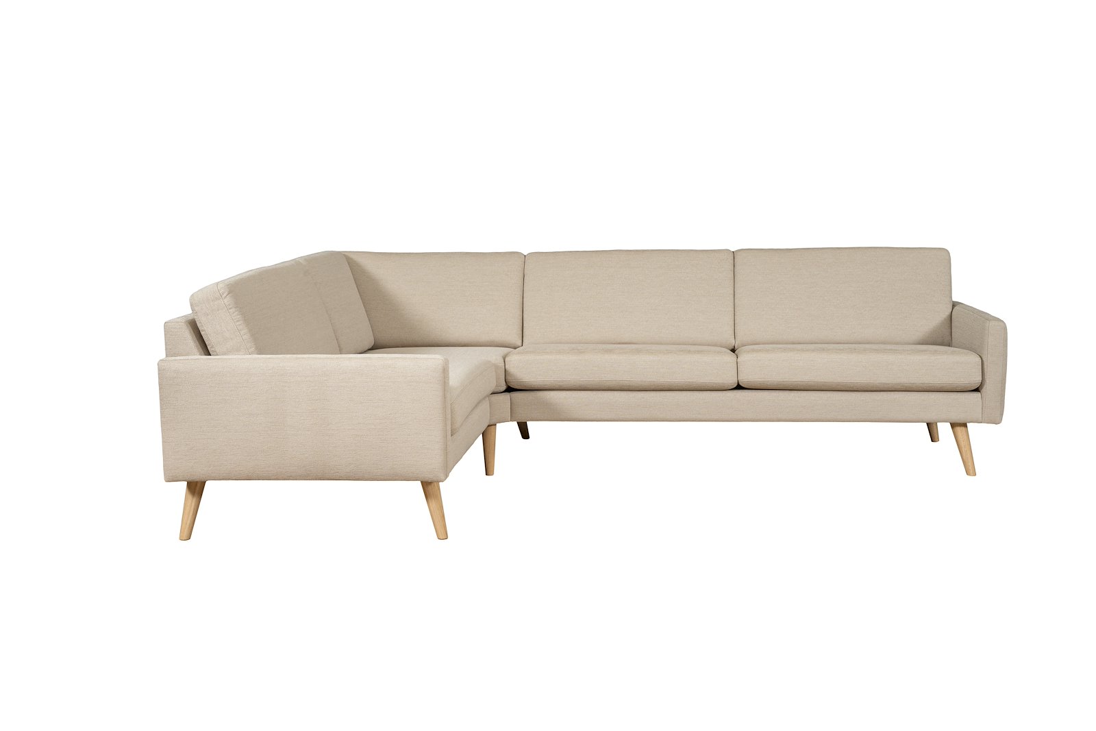 Villa hjørnesofa oppsett K 1,5-seter Big og 3-seter med lite hjørne. Tekstil Nicole 1/18 Beige. Skrå ben eik natur. Arm 23. Fast/Fast. Duo. Vendbar