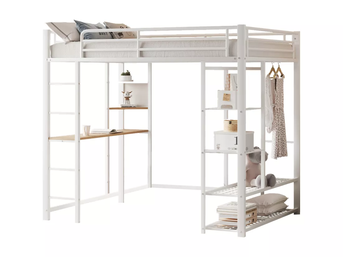Lit mezzanine 90x200cm en métal - avec table et étagères - Blanc
