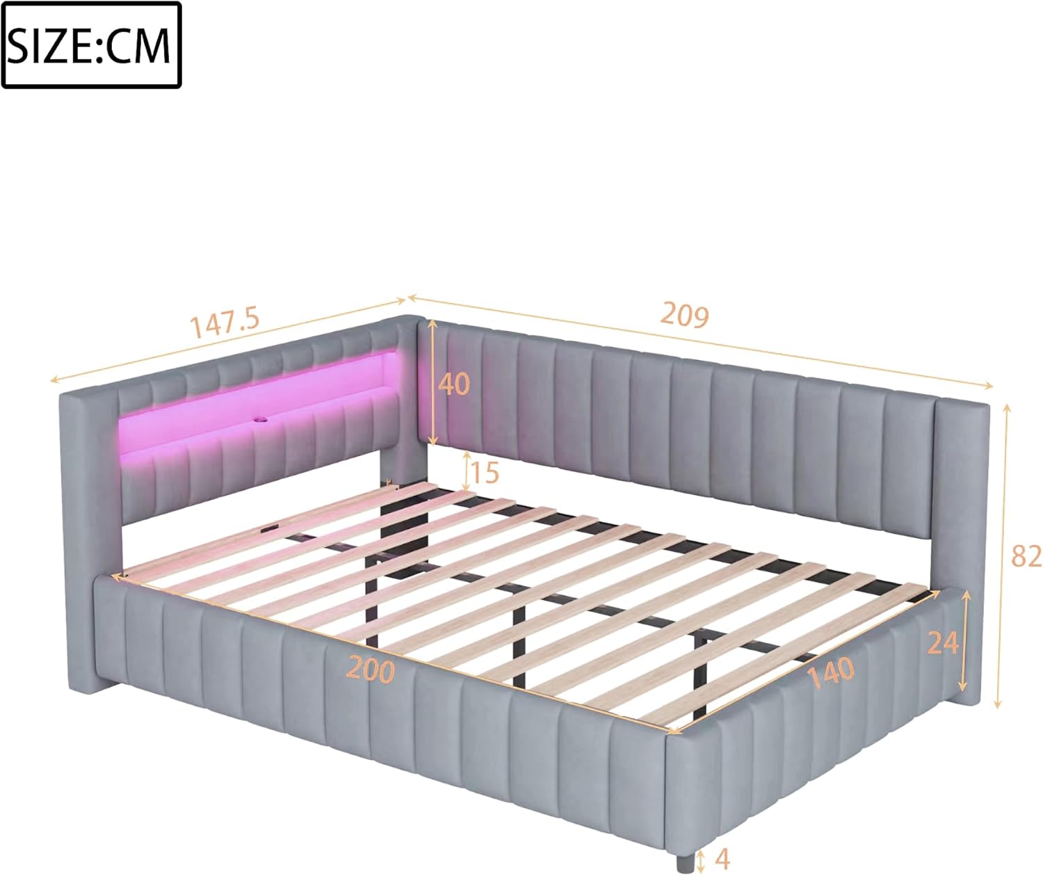 ANIROY L-förmige Schlafsofa 140x200cm, Samtstoff Polsterbett Daybett Sofabett mit LED und USB, Doppelbett Bettgestell mit Lattenrost und Rückenlehne (Hellgrau A)