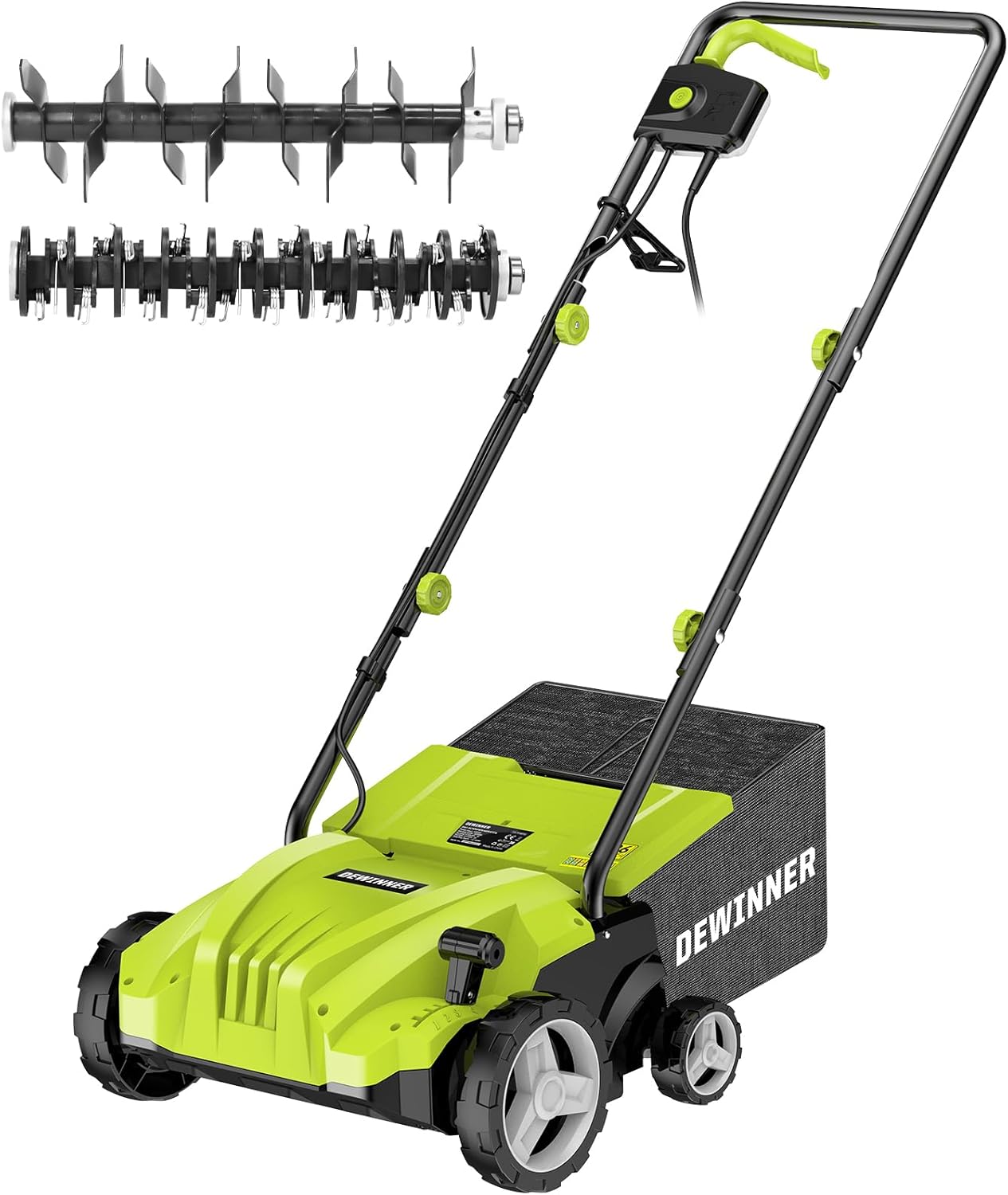 DEWINNER Elektro 2in1 Vertikutierer Rasenlüfter 1500W 32cm Arbeitsbreite 30L Fangkorb mit Lüfterwalze Lüfter, 4-stufige Arbeitstiefe einstellbar, klappbarer Führungsholm