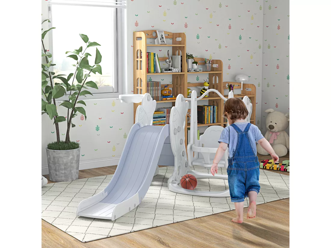 Portique enfant toboggan et balançoire avec panier de basket-ball - aire de jeux 3 en 1 - usage intérieur extérieur - blanc gris