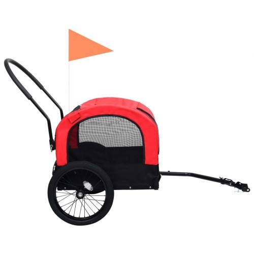 Reboque vermelho para bicicletas, ideal para animais de estimação.