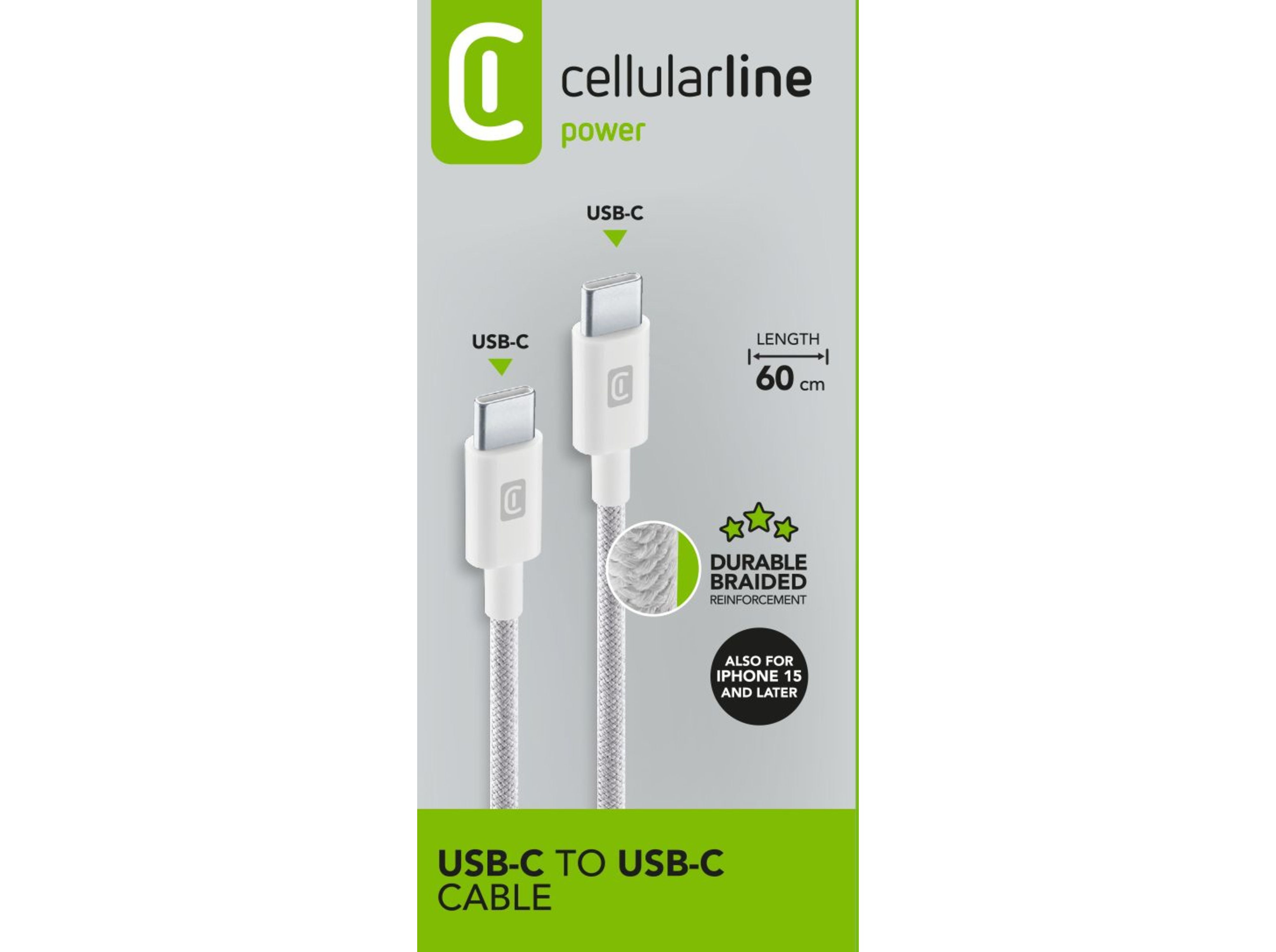 CABO CELLULARLINE BRANCO BRAIDED USB-C/USB-C 60CM