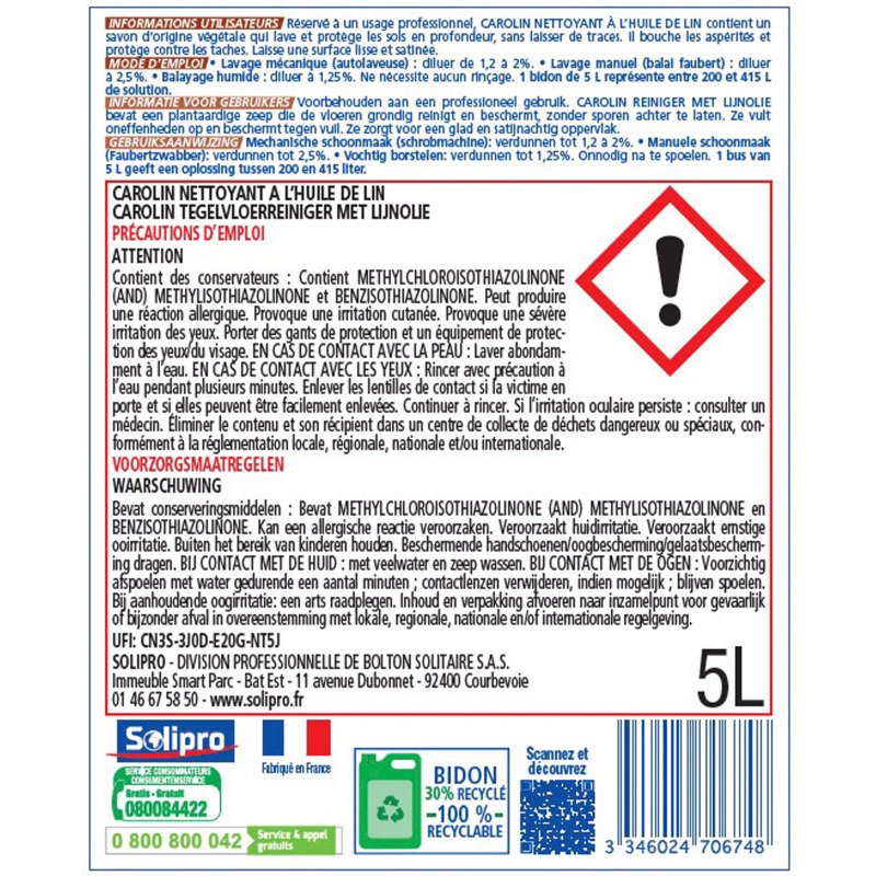Nettoyant carrelage  huile de lin Carolin  4 en 1 - Bidon de 5 L
