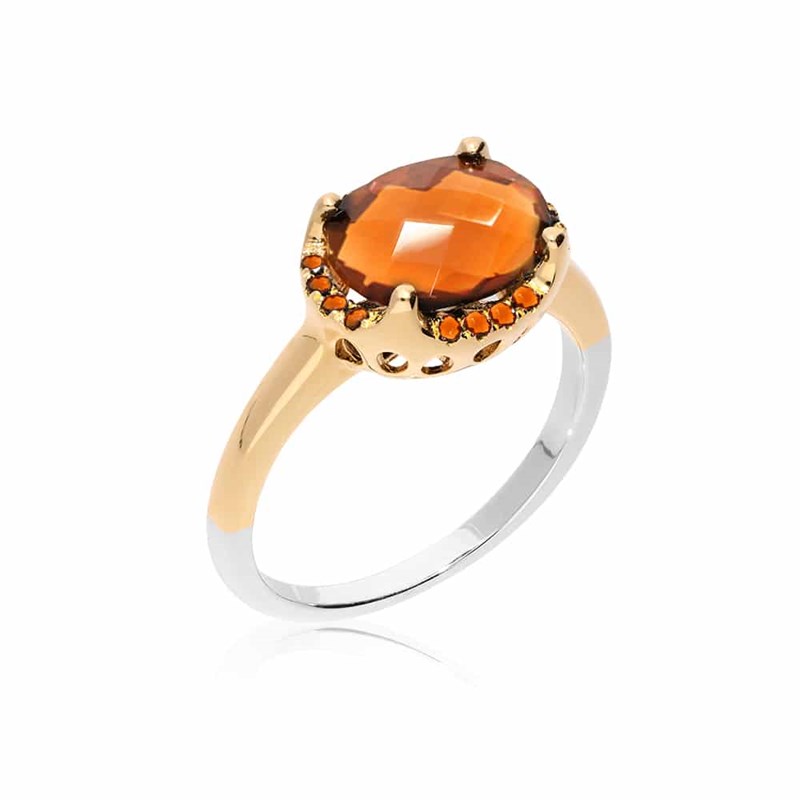 Bague Argent Dorée Solitaire Serti Pierre Orange