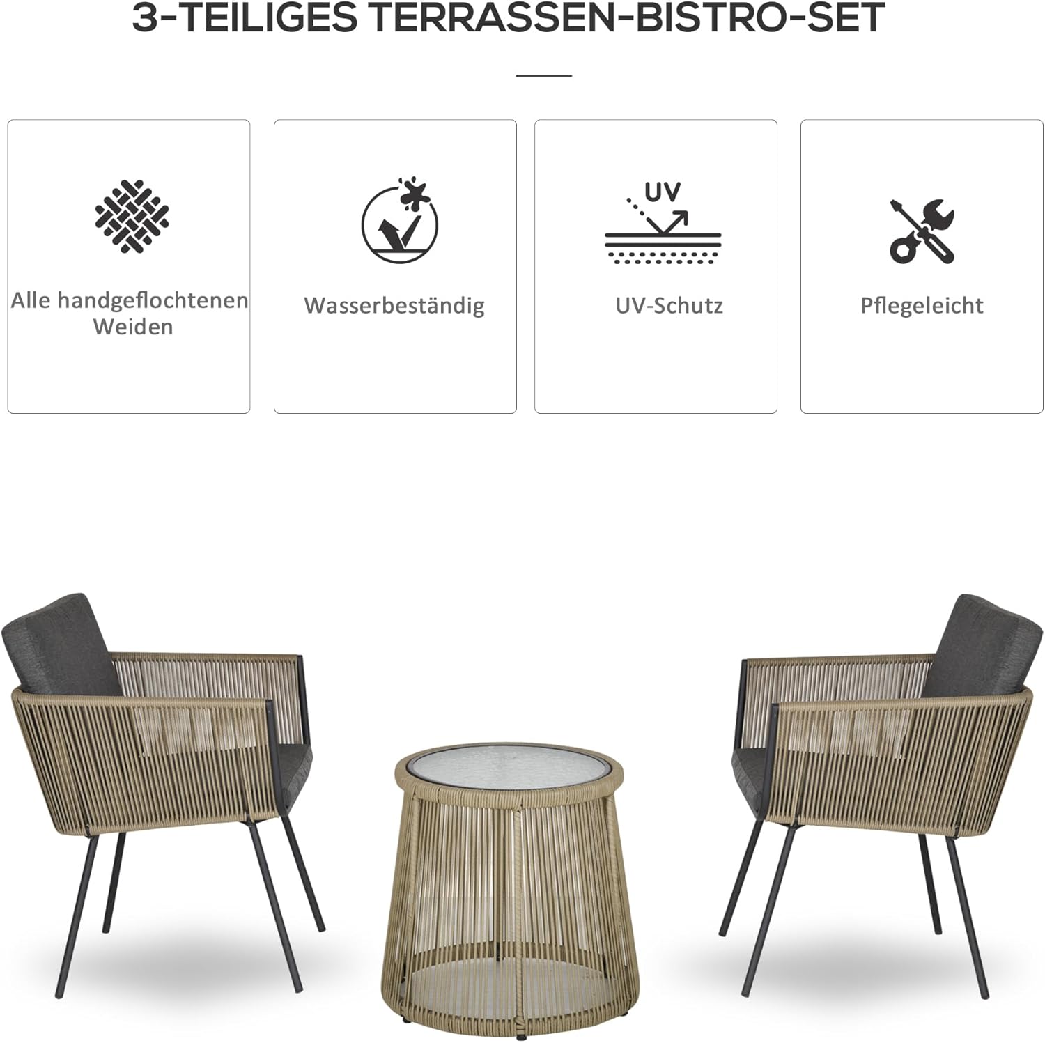 Outsunny Polyrattan Gartenmöbel Set, Outdoor Balkonmöbel für 2 Personen, 3-teilig Gartenmöbel mit 2 Stühle, Tisch Sitzkissen, wetterfest Sitzgruppe für Garten, Terrasse Balkon, Grau