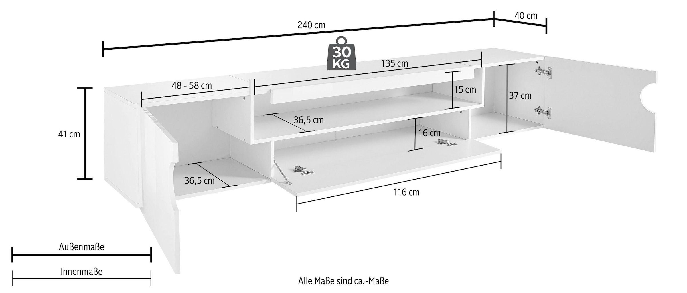 INOSIGN Lowboard »REAL TV-Möbel, 240 cm breit, 40/60 cm hoch, Hochglanz oder matt« mit 2 abgerundeten Türen, 1 Klappe, die ein ovales offenes Fach bilden