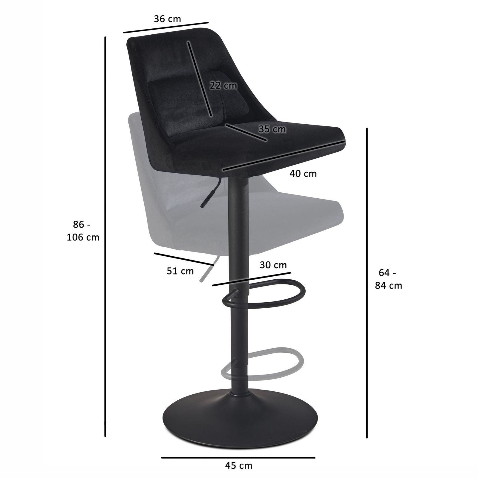 Barhocker - schwarz - Samt - höhenverstellbar