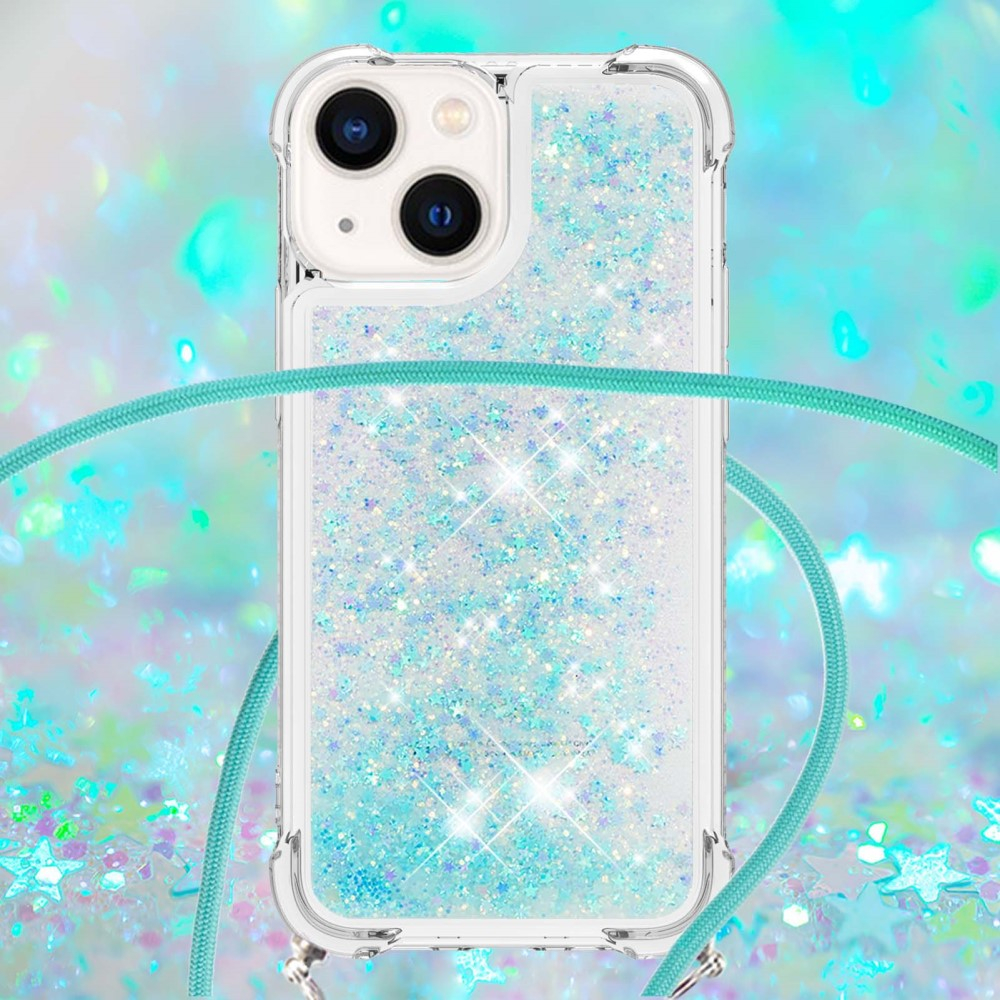 iPhone 15 Necklace Gummi Hülle Liquid Glitzer   Handykette (130cm) - Türkis