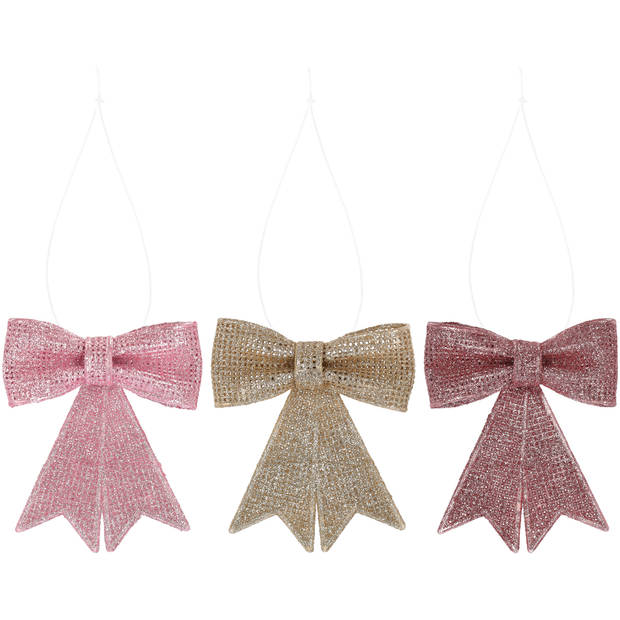 Hangdeco strik glitter roze 9cm 3ass