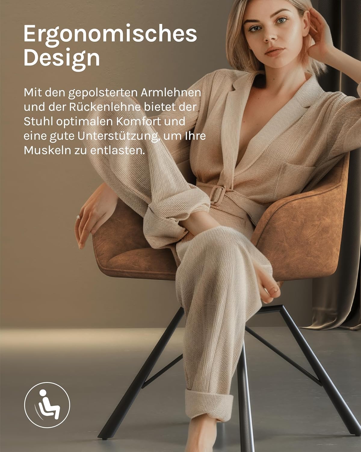 WOLTU Esszimmerstuhl drehbar 2er Set, Küchenstuhl, Polsterstuhl, Drehstuhl, bequemer Stuhl mit Armlehnen Rückenlehne, Armlehnenstuhl für Esszimmer Wohnzimmer, mit Kunstlederbezug, Hellbraun