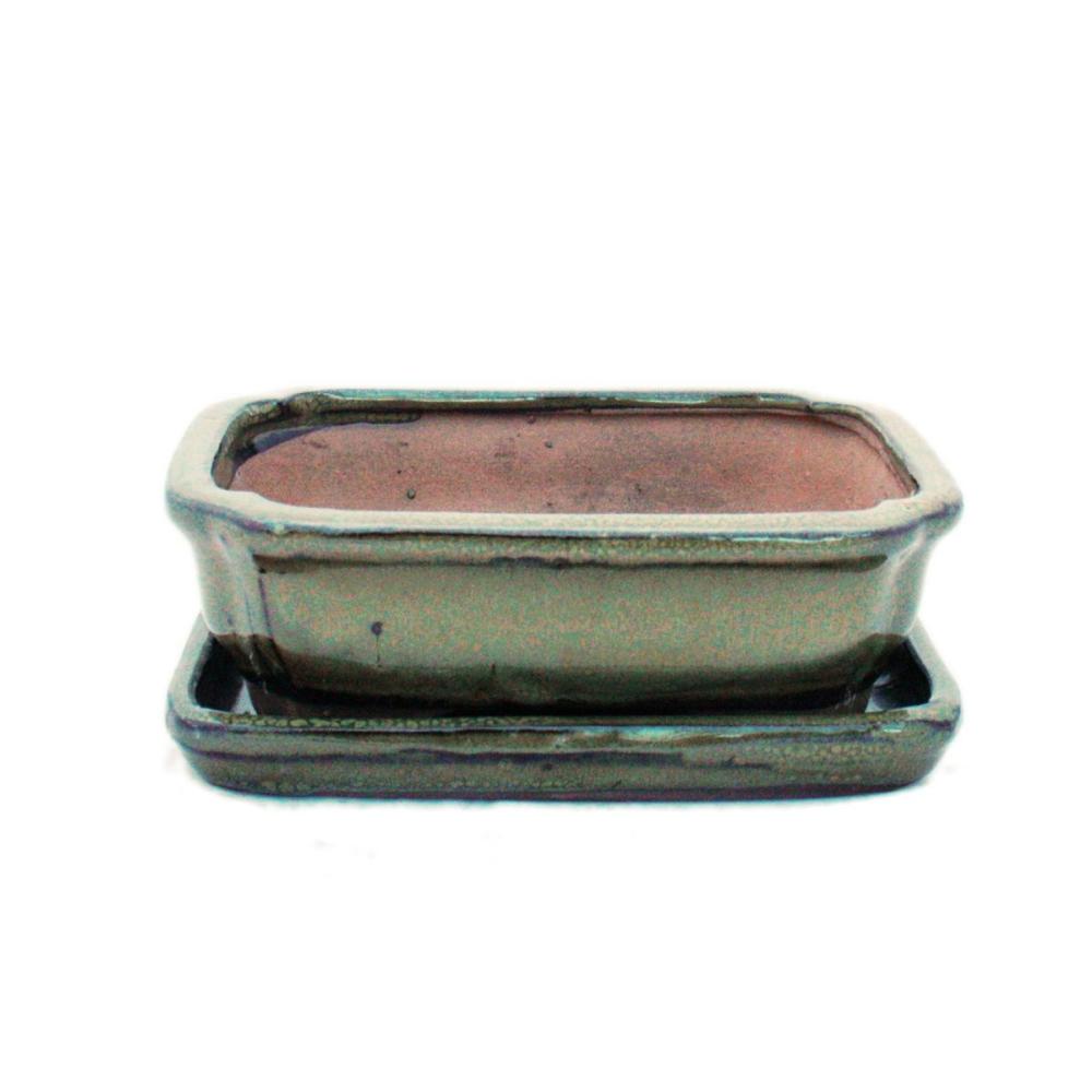 Bol à bonsaï avec soucoupe taille 2 - brun olive - carré - modèle g12 - l 15,5cm - l 11,5cm - h 4,5cm