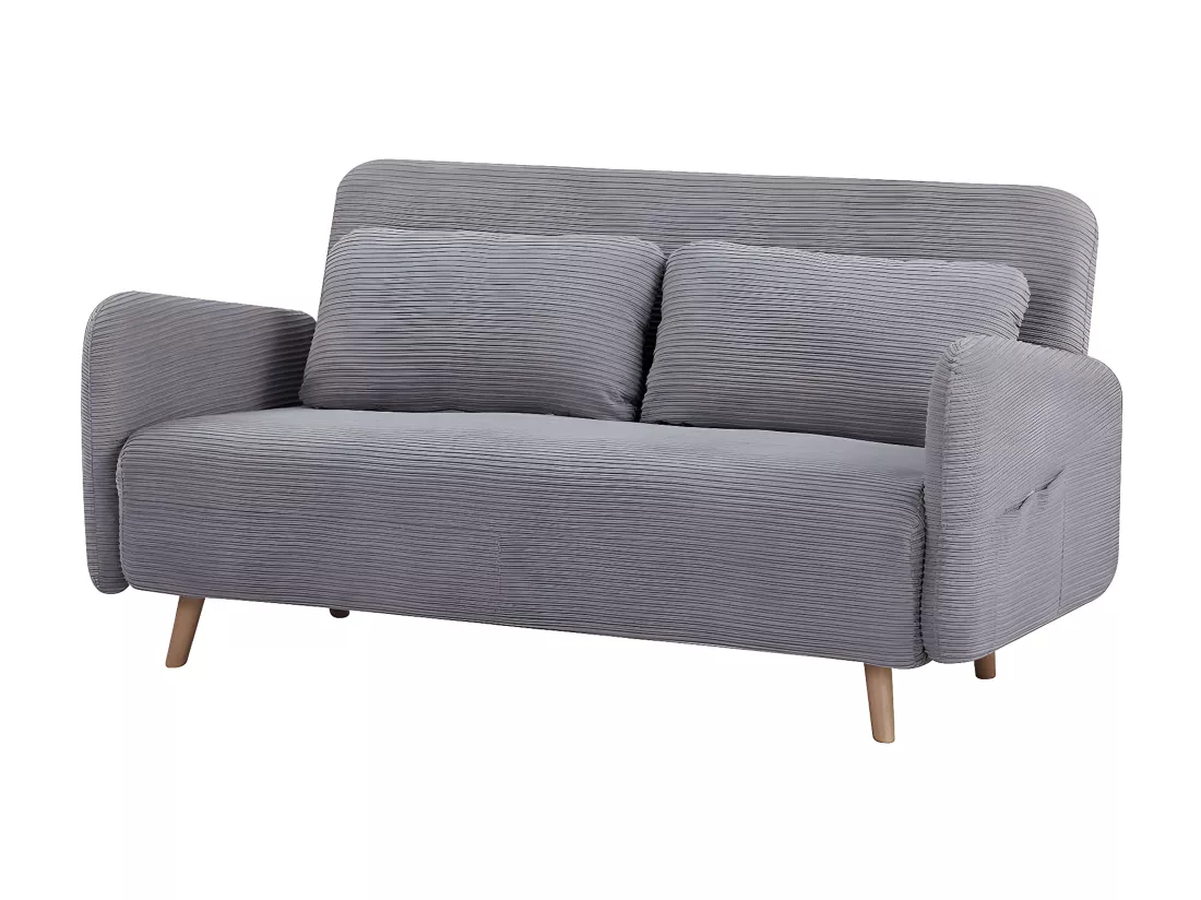 Canapé-lit BZ 2 places pour couchage d’appoint taille 145 x 190 cm en velours côtelé gris et pieds en bois massif - ARI