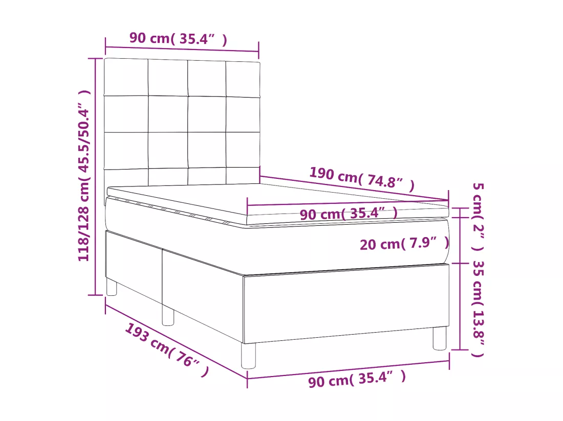 Sommier tapissier avec matelas et LED Rose 90x190 cm Velours