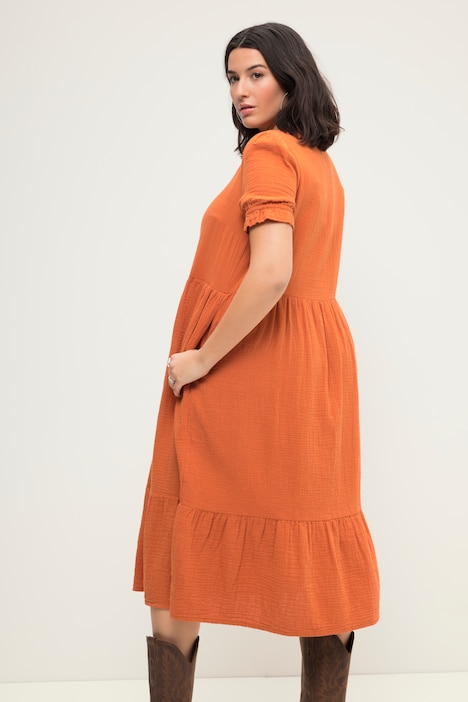 Musselin-Midikleid, A-Line, V-Ausschnitt, Halbarm