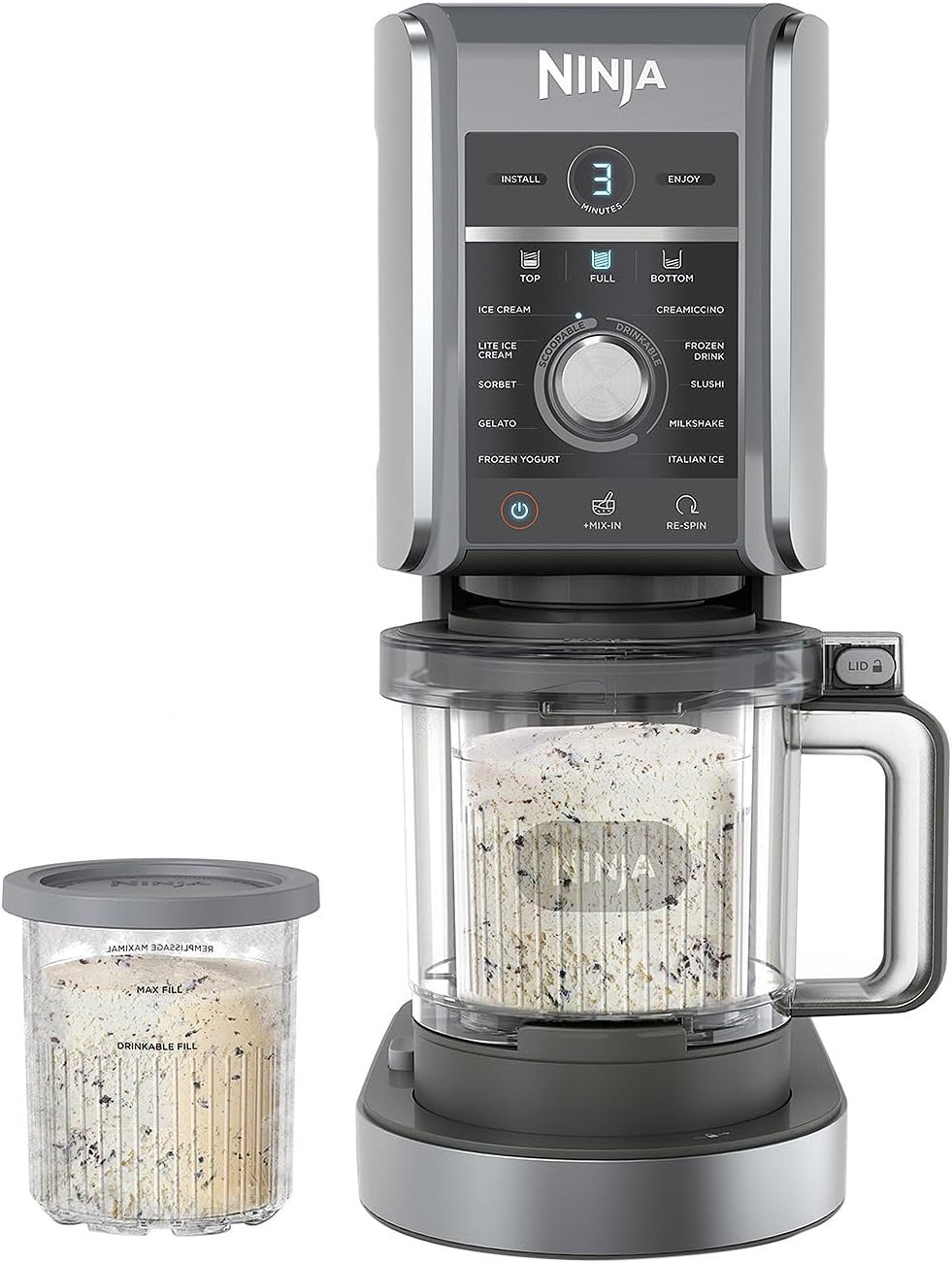 Ninja NC501 CREAMi Deluxe 11-in-1 Eiscreme und Eiscreme für Eis, Sorbets, Smoothies, gefrorene Getränke und mehr, 11 Programme mit 2 XL Pint-Behältern Familiengröße, perfekt für Kinder, Silber