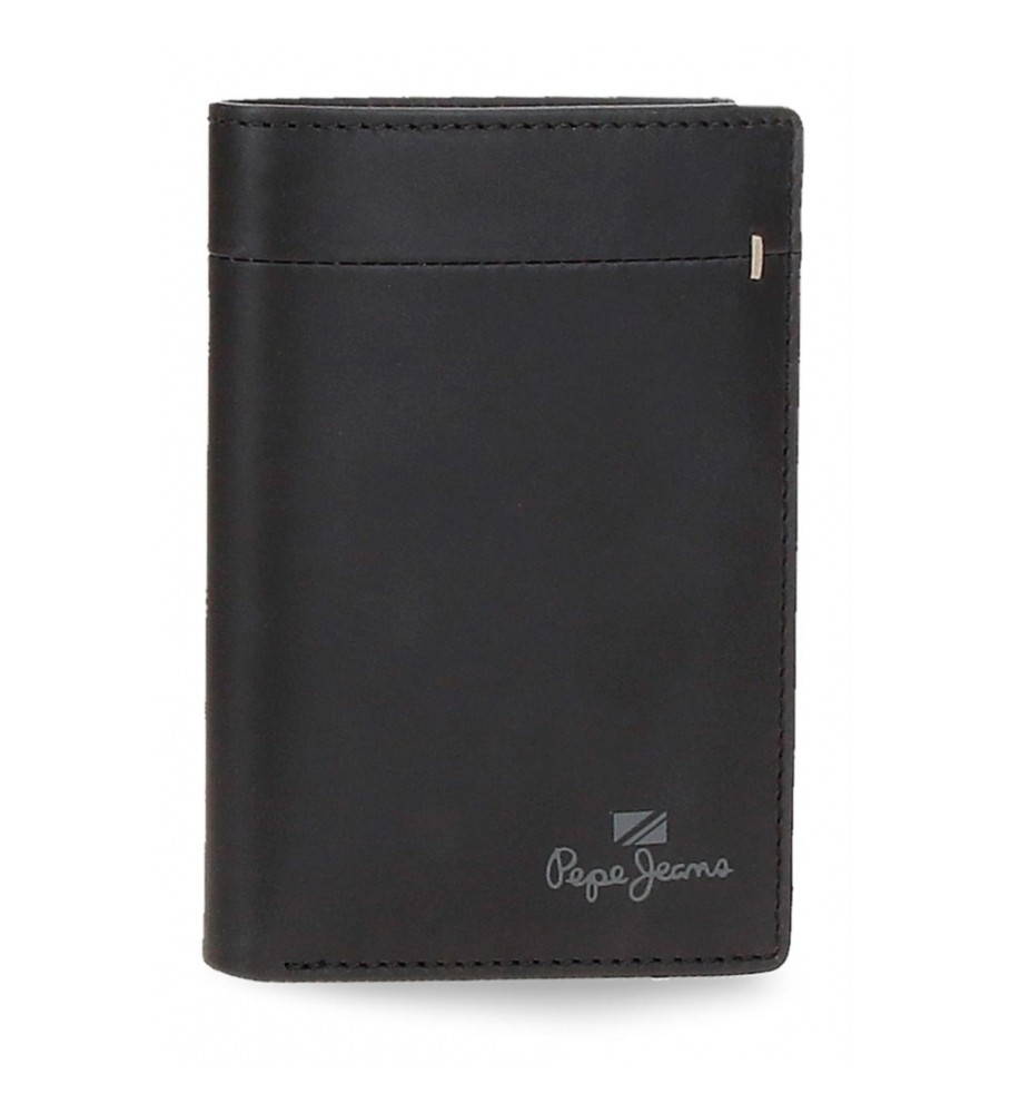 Carteira Pepe Jeans Vertical Staple em couro com porta-moedas, preta.