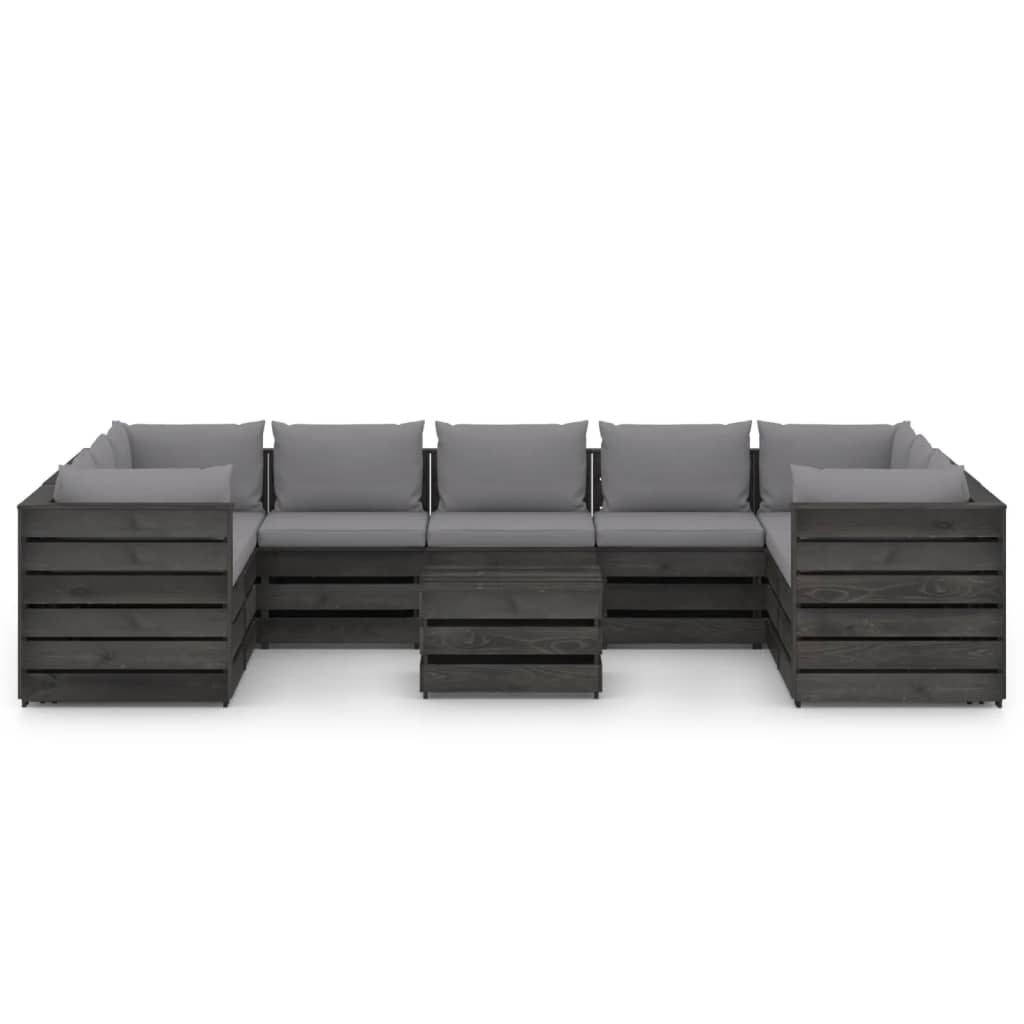 Salon de jardin meuble d'extérieur ensemble de mobilier 10 pièces avec coussins bois imprégné de gris