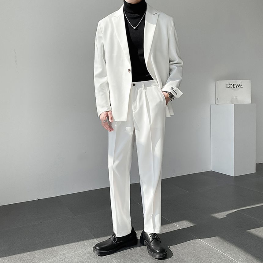 DragonRoad - Set: effen enkelrijs blazer met piekrevers + rechte, cropped pantalon met middelhoge taille
