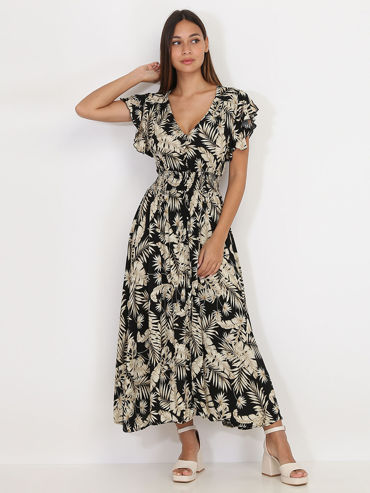 Robe mi-longue à feuilles et fente- Noir