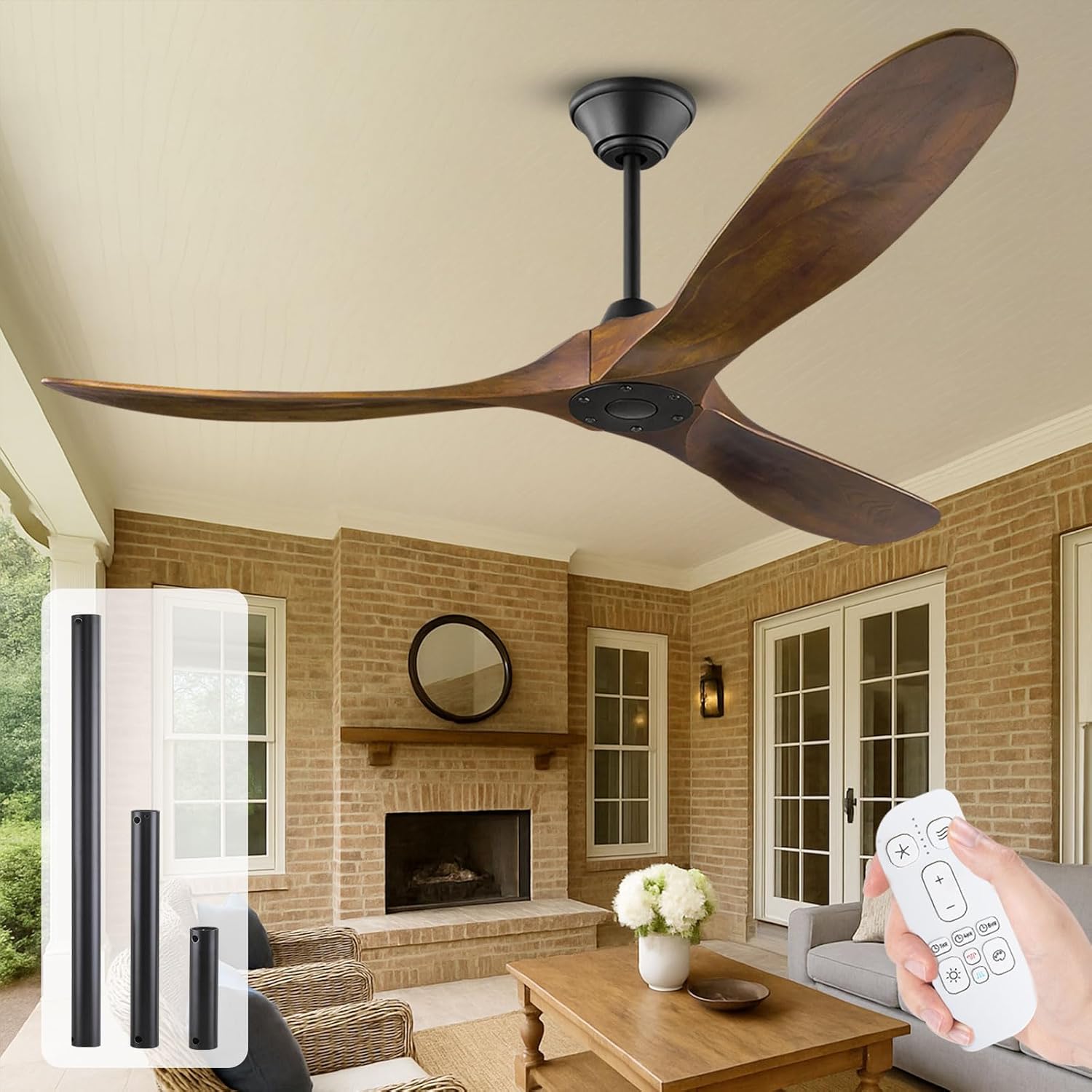 52 Zoll Retro Holz Deckenventilatoren, 6-Gang leiser Deckenventilator mit Inverter Fernbedienung, Innen-Deckenventilator im Freien, Ventilador de Techo de Nogal, Timing Funktion